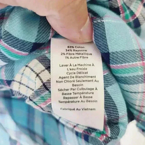 Talbots Petite NWT Teal Plaid Metallic Lightweight Button-Up Shirt Size Medium - Picture 5 of 7